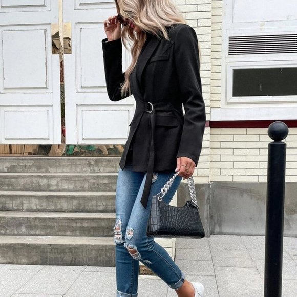 Black D-ring Side Wrap Shawl Collar Blazer contemporary Office Chic - Picture 5 of 6